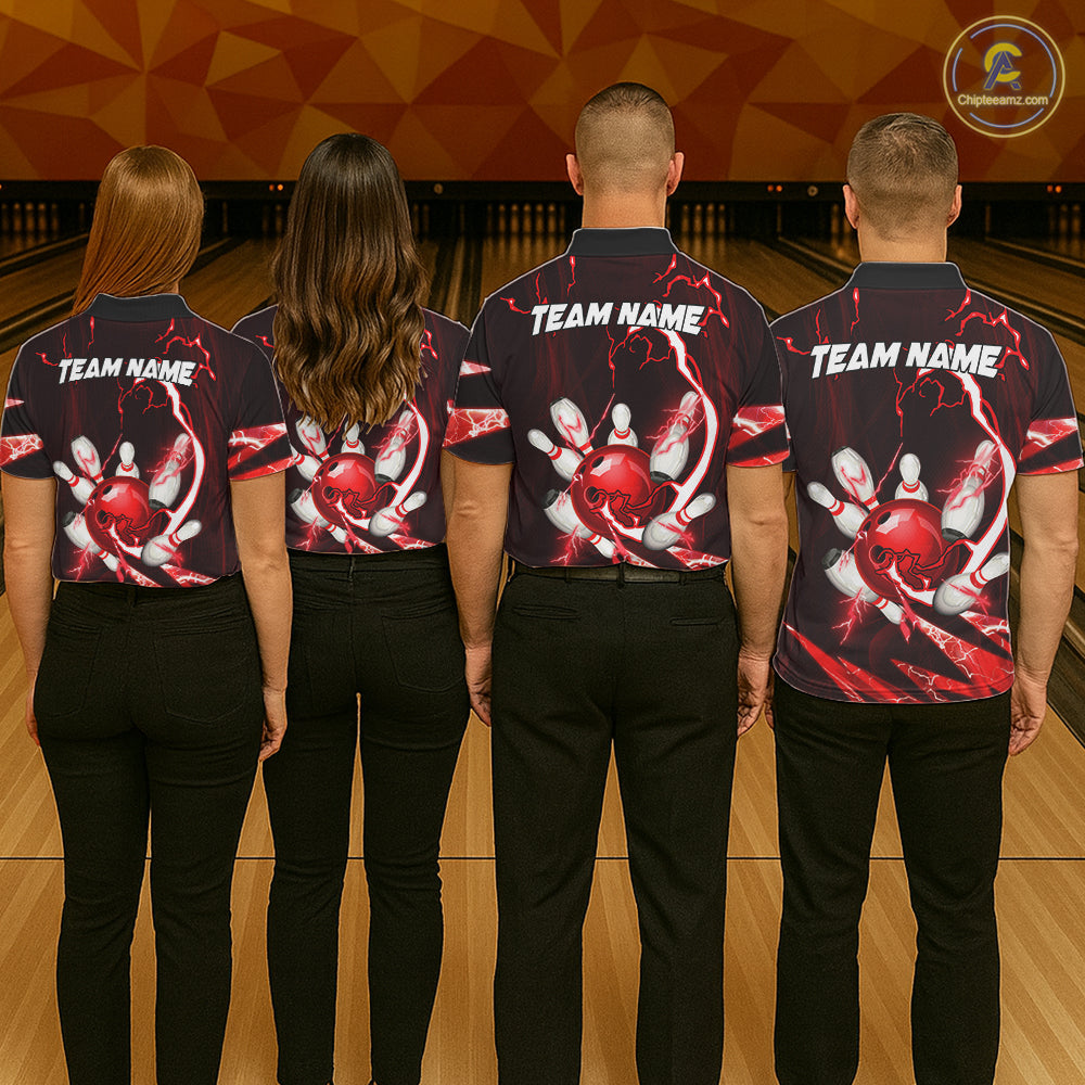 Red Thunder Lightning bowling ball and pins jersey Custom Team Bowling Polo, 1/4 Zip Shirt For Women NQS11281