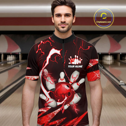 Red Thunder Lightning bowling ball and pins jerseys Custom Team Bowling Polo, 1/4 Zip Shirts For Men NQS11281