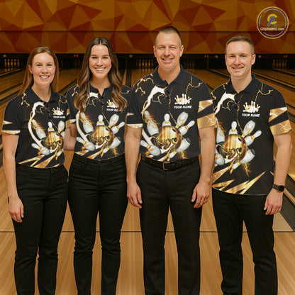 Gold Thunder Lightning bowling ball and pins jersey Custom Team Bowling Polo, 1/4 Zip Shirt For Women NQS11282