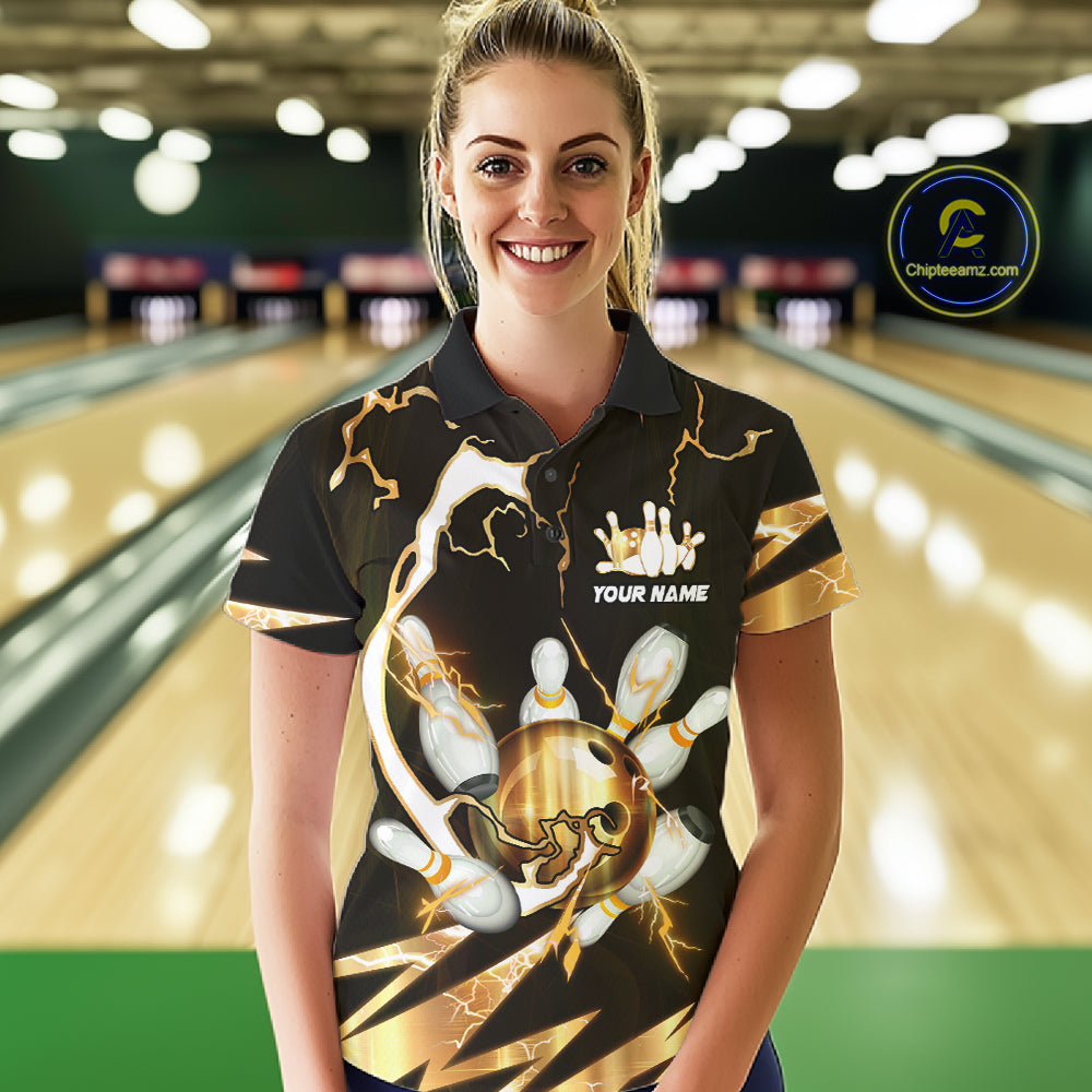 Gold Thunder Lightning bowling ball and pins jersey Custom Team Bowling Polo, 1/4 Zip Shirt For Women NQS11282