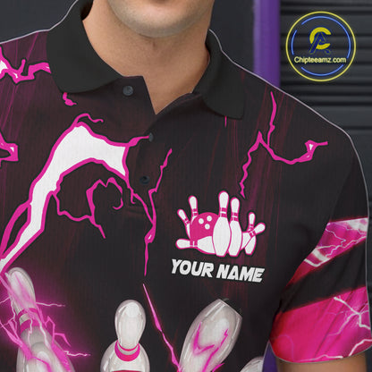 Pink Thunder Lightning bowling ball and pins jerseys Custom Team Bowling Polo, 1/4 Zip Shirts For Men NQS11283