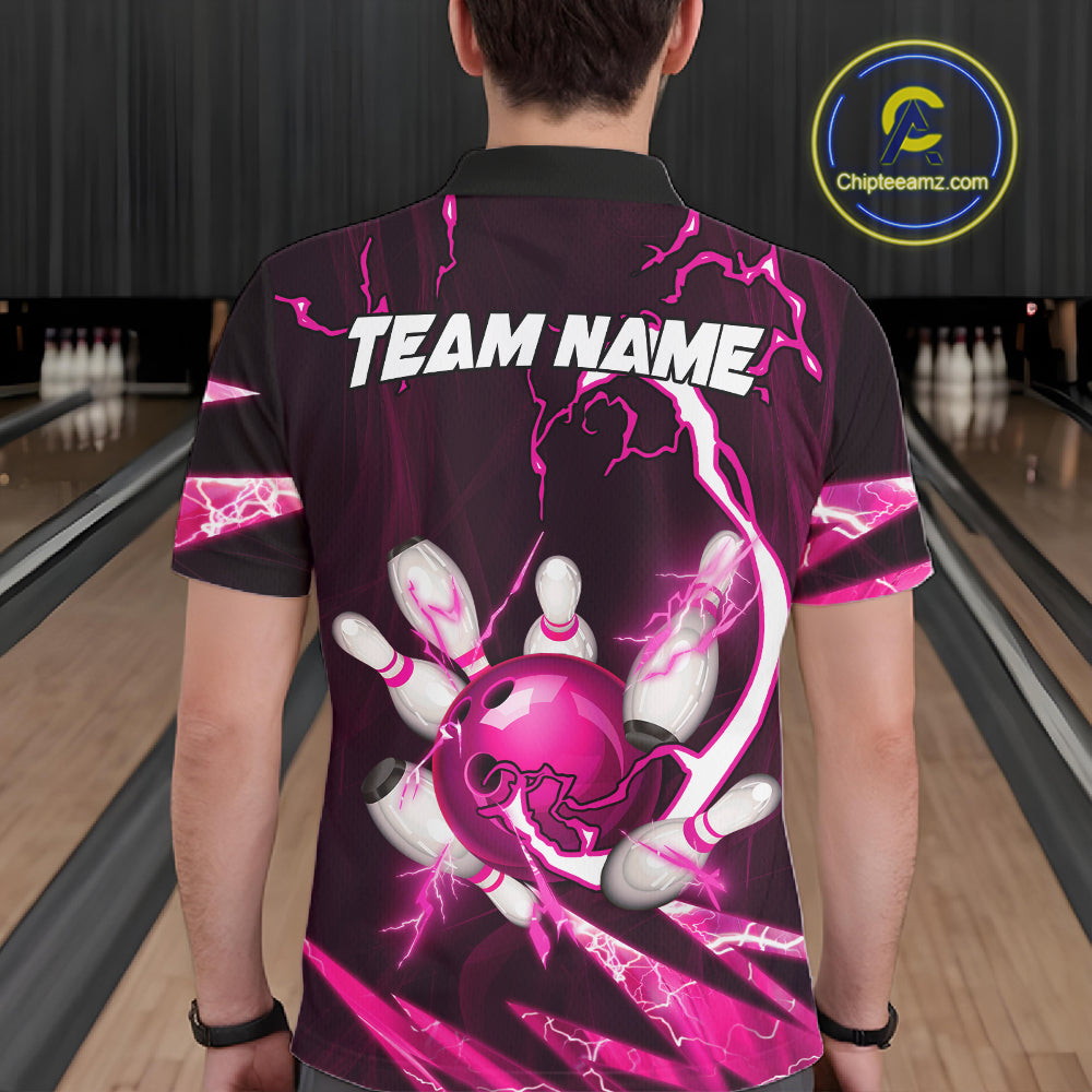 Pink Thunder Lightning bowling ball and pins jerseys Custom Team Bowling Polo, 1/4 Zip Shirts For Men NQS11283