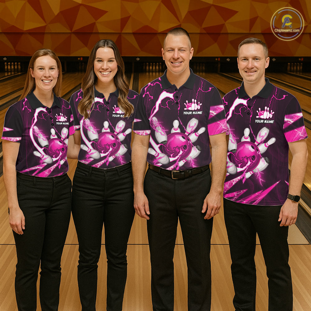 Pink Thunder Lightning bowling ball and pins jersey Custom Team Bowling Polo, 1/4 Zip Shirt For Women NQS11283