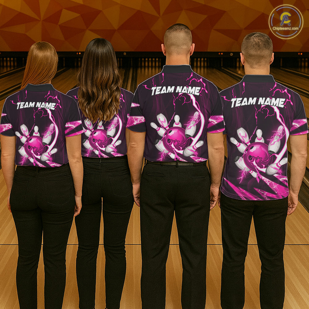 Pink Thunder Lightning bowling ball and pins jersey Custom Team Bowling Polo, 1/4 Zip Shirt For Women NQS11283
