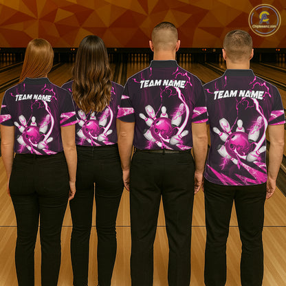 Pink Thunder Lightning bowling ball and pins jersey Custom Team Bowling Polo, 1/4 Zip Shirt For Women NQS11283