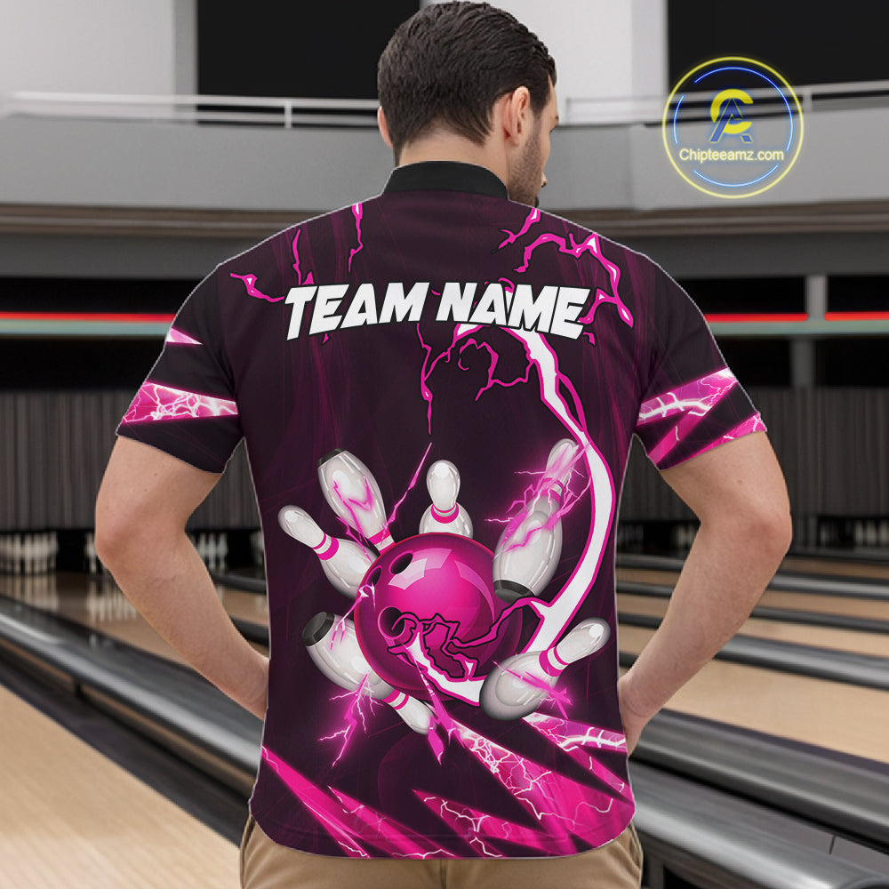 Pink Thunder Lightning bowling ball and pins jerseys Custom Team Bowling Polo, 1/4 Zip Shirts For Men NQS11283