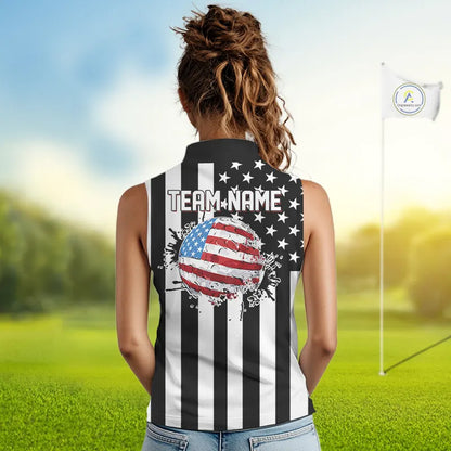 Women's Sleeveless golf polo shirts custom Red, white and black American flag Ladies Golf tops NQS11486