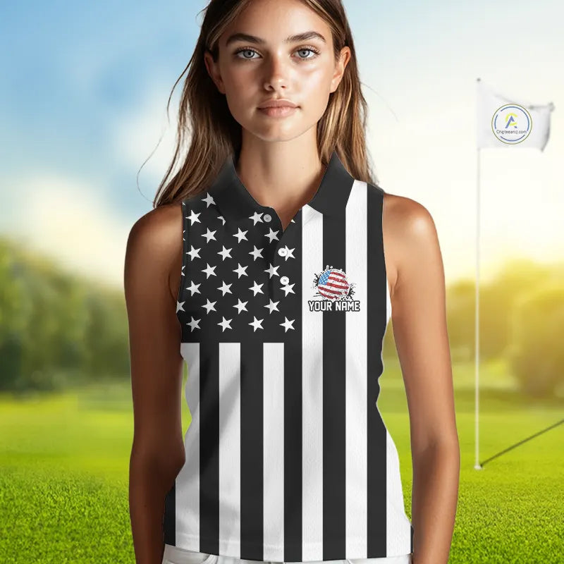 Women's Sleeveless golf polo shirts custom Red, white and black American flag Ladies Golf tops NQS11486