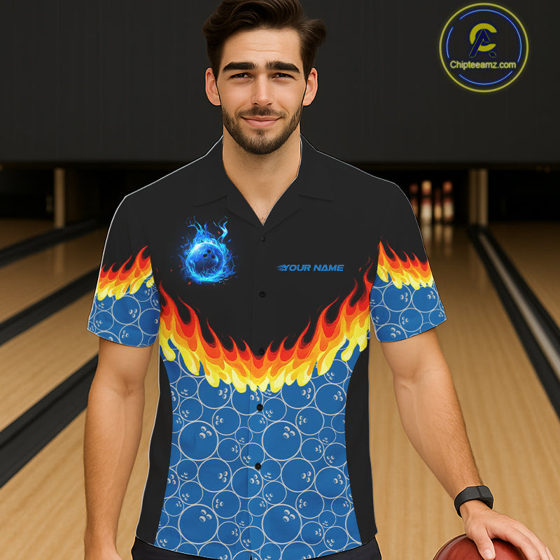 Black and Blue Camo Flame Bowling Hawaiian shirts Custom team bowling league jerseys NQS11492