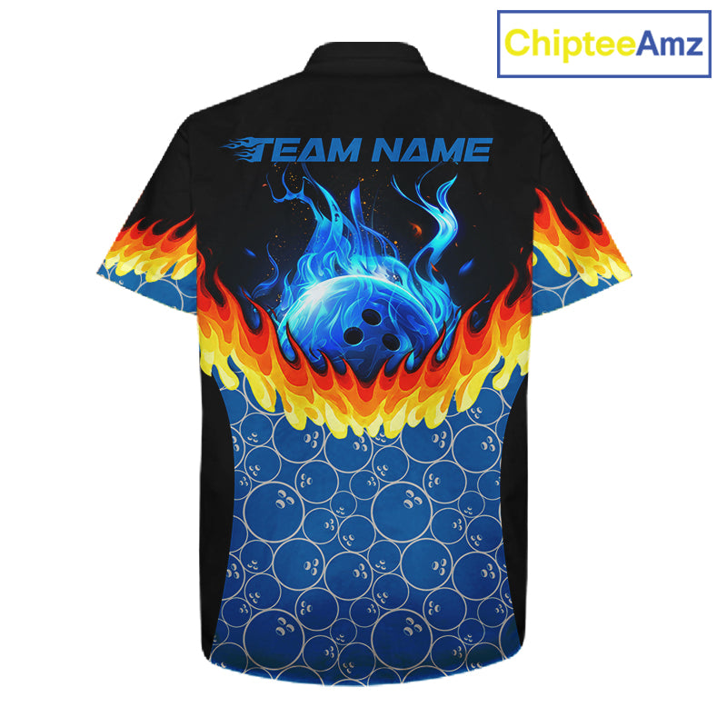 Black and Blue Camo Flame Bowling Hawaiian shirts Custom team bowling league jerseys NQS11492