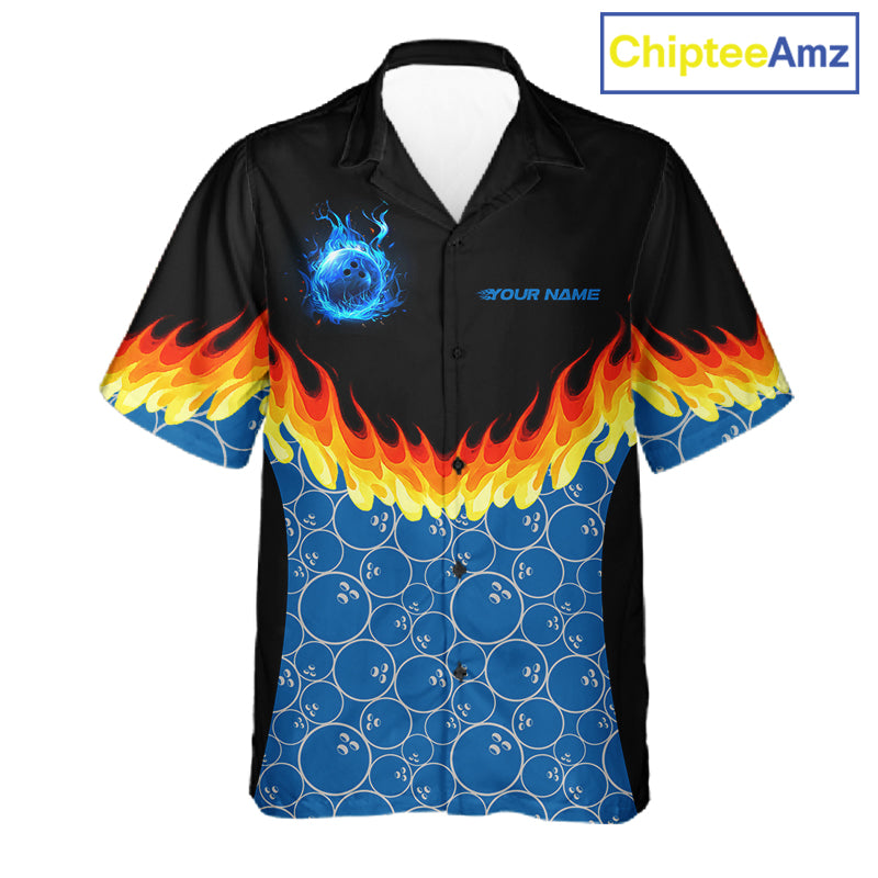 Black and Blue Camo Flame Bowling Hawaiian shirts Custom team bowling league jerseys NQS11492