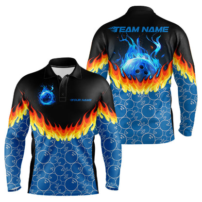 Black and Blue Camo Flame Bowling Polo, 1/4 zip shirts for Men Custom team men's bowling jerseys NQS11492