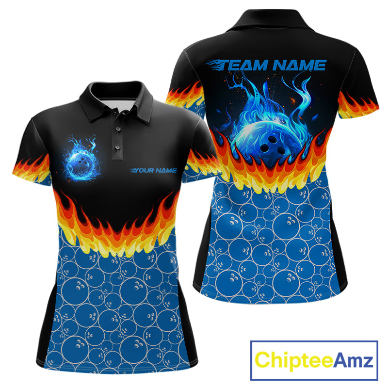 Black and Blue Camo Flame Bowling shirts for Women Custom team ladies bowling league jerseys NQS11492