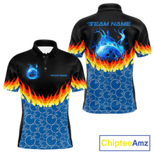 Load image into Gallery viewer, Black and Blue Camo Flame Bowling Polo, 1/4 zip shirts for Men Custom team men's bowling jerseys NQS11492