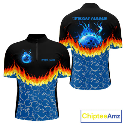 Black and Blue Camo Flame Bowling Polo, 1/4 zip shirts for Men Custom team men's bowling jerseys NQS11492
