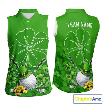 Green shamrock pattern St Patrick's Day Women's Sleeveless golf polo shirts custom ladies golf tops NQS11495