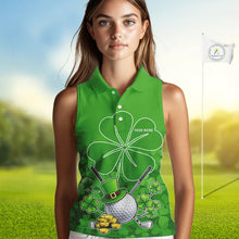 Load image into Gallery viewer, Green shamrock pattern St Patrick's Day Women's Sleeveless golf polo shirts custom ladies golf tops NQS11495