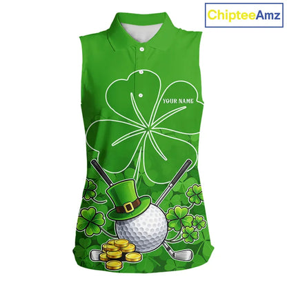Green shamrock pattern St Patrick's Day Women's Sleeveless golf polo shirts custom ladies golf tops NQS11495