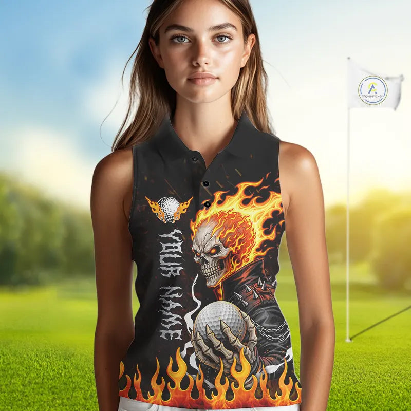 Custom Orange Flame Skull sleeveless women's golf shirts,  team ladies golf tees cool golf gifts NQS11497