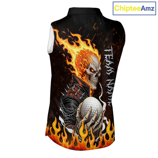 Custom Orange Flame Skull sleeveless women's golf shirts,  team ladies golf tees cool golf gifts NQS11497