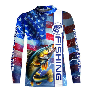 American Flag Walleye lightning Long Sleeve Fishing Shirts custom Patriotic Walleye fishing jerseys NQS9561