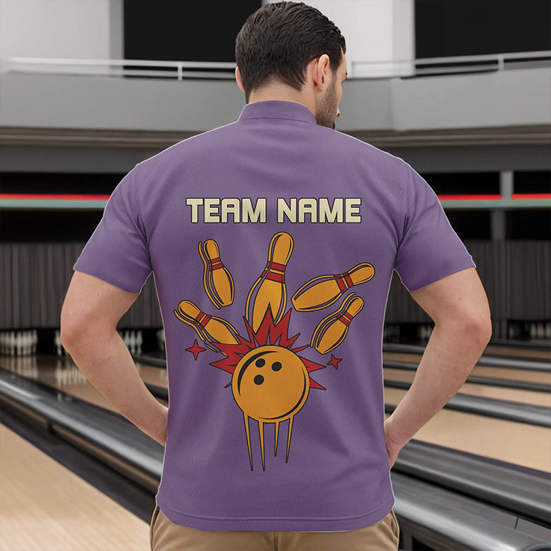 Yellow & Purple Retro Bowling Polo, Quarter Zip shirt for Men Custom vintage team bowling jersey NQS9720
