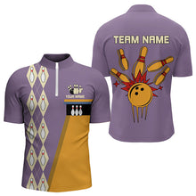Load image into Gallery viewer, Yellow &amp; Purple Retro Bowling Polo, Quarter Zip shirt for Men Custom vintage team bowling jersey NQS9720