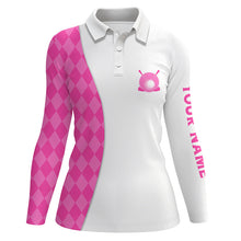 Load image into Gallery viewer, White Womens golf polo shirts custom pink argyle plaid pattern golf tops, ladies golf tops NQS7643