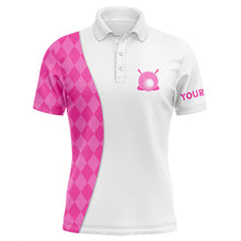 Load image into Gallery viewer, White Mens golf polo shirts custom pink argyle plaid pattern golf tops, best mens golf wear NQS7643