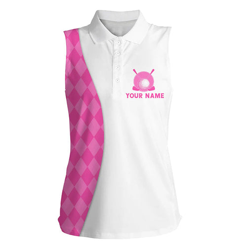 White Women sleeveless golf polo shirts custom pink argyle plaid pattern golf tops, ladies golf tops NQS7643