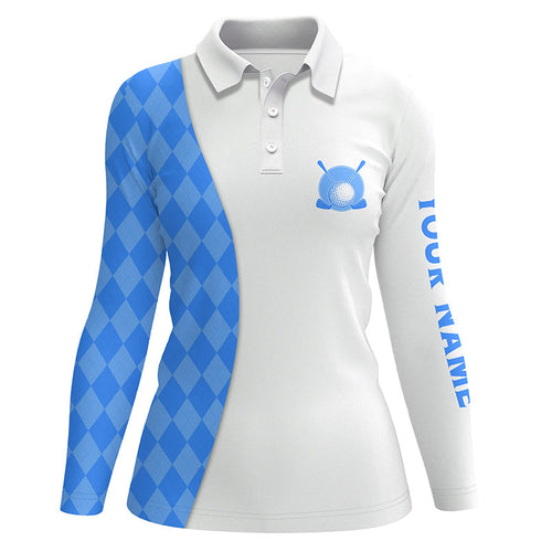 White Womens golf polo shirts custom blue argyle plaid pattern golf tops, ladies golf tops NQS7644