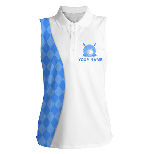 White Women sleeveless golf polo shirts custom blue argyle plaid pattern golf tops, ladies golf tops NQS7644