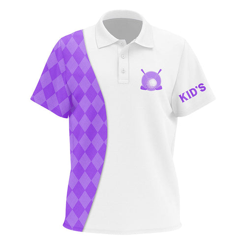 White Kid golf polos shirts custom purple argyle plaid pattern golf tops, golf apparel for Kid NQS7645