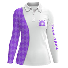 Load image into Gallery viewer, White Womens golf polo shirts custom purple argyle plaid pattern golf tops, ladies golf tops NQS7645