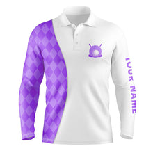 Load image into Gallery viewer, White Mens golf polo shirts custom purple argyle plaid pattern golf tops, best mens golf wear NQS7645