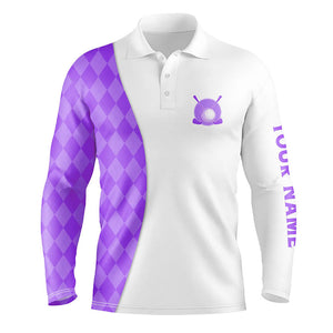 White Mens golf polo shirts custom purple argyle plaid pattern golf tops, best mens golf wear NQS7645