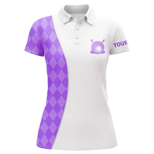 White Womens golf polo shirts custom purple argyle plaid pattern golf tops, ladies golf tops NQS7645