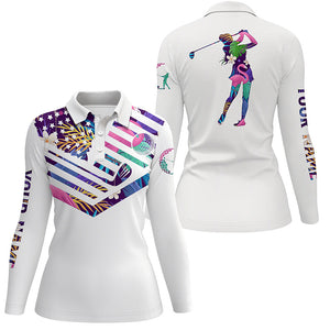 Womens golf polo shirt tropical American flag custom patriotic white golf shirt NQS5768