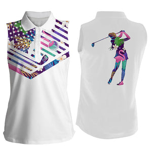 Women's sleeveless golf polo shirt American flag patriotic white tropical pattern golf shirt NQS5768