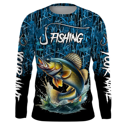 Walleye Fishing blue camo fishing Custom name UV protection long sleeves fishing shirts NQS5770