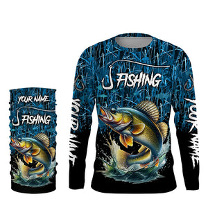 Walleye Fishing blue camo fishing Custom name UV protection long sleeves fishing shirts NQS5770