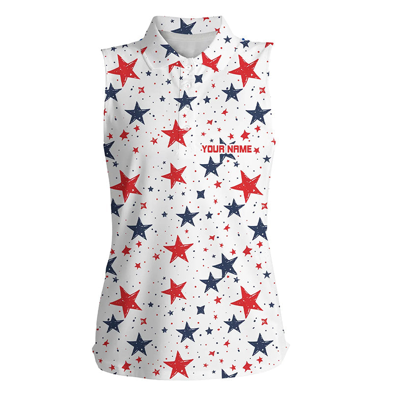 Women sleeveless golf polo shirts custom Red, white and blue stars pattern patriot women golf clothes NQS7857