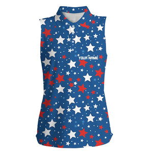 Women sleeveless golf polo shirts custom Red, white and blue stars pattern patriotic golf shirt ladies NQS7858