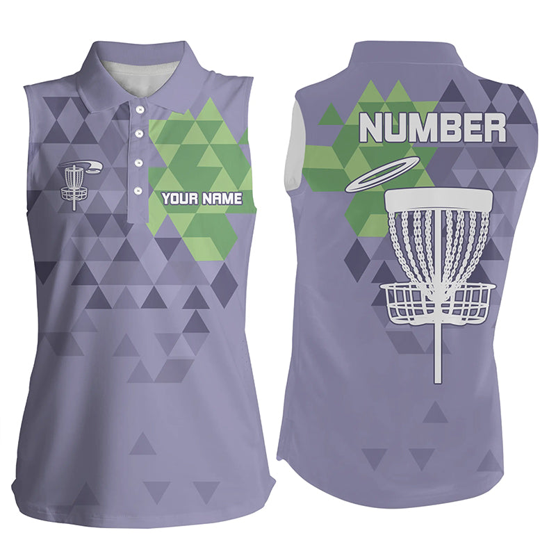 Purple camo Women sleeveless disc golf polo shirts custom name and number disc golf basket jerseys NQS7863