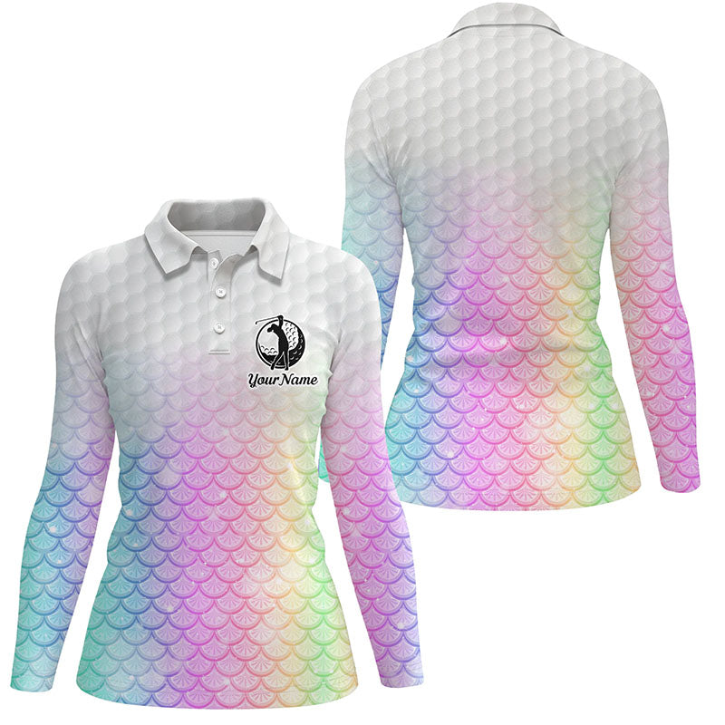 Womens golf polo shirt pastel rainbow mermaid scales custom name pattern golf shirts, ladies golf tops NQS5977