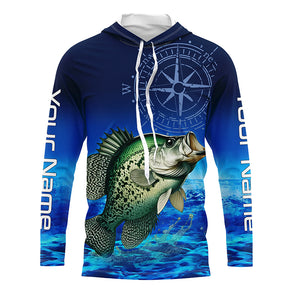 Personalized Crappie Blue Long Sleeve Performance Fishing Shirts, compass Crappie tournament Shirt NQS5983