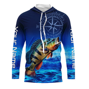 Personalized Peacock Bass Blue Long Sleeve Performance Fishing Shirts, compass Bass tournament Shirts NQS5987