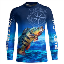 Load image into Gallery viewer, Personalized Peacock Bass Blue Long Sleeve Performance Fishing Shirts, compass Bass tournament Shirts NQS5987