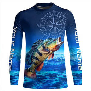Personalized Peacock Bass Blue Long Sleeve Performance Fishing Shirts, compass Bass tournament Shirts NQS5987