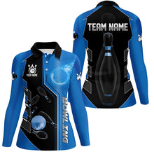 Load image into Gallery viewer, Blue And Black Bowling Shirts For Women custom bowling ball pins Team Bowling Jerseys Bowler Outfits NQS8299